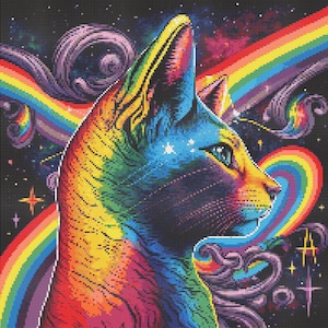 Rainbow Space Cat Cross-Stitch Pattern Digital Download