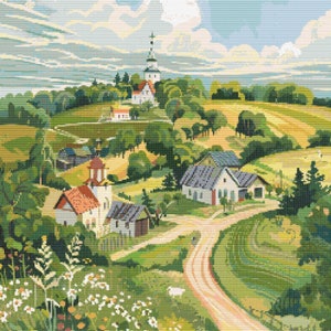 Op de afbeelding: Een schilderij van een klein dorpje dat in een groene vallei ligt. Het dorpje wordt omringd door glooiende heuvels en velden. In het midden van het dorpje staat een kerk met een hoge toren. De lucht is blauw en er zijn witte wolken.