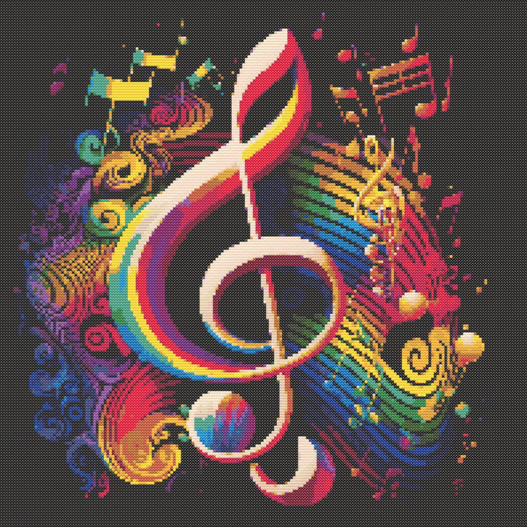 Surrealist Rainbow Music Notes / Treble Clef Cross-stitch Pattern