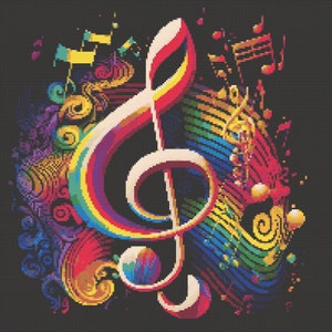 Surrealistische regenboog muzieknoten / solsleutel kruissteekpatroon digitale download