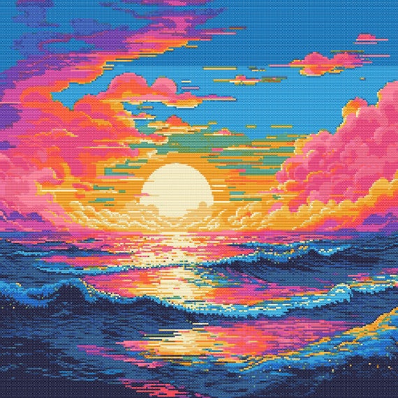 パステル画「Ocean Sunset」 Ocean Sunset Scene 2 Cross-stitch Pattern Digital Download