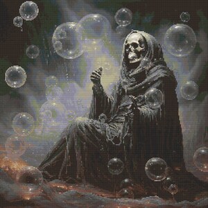 May include: A skeletal figure in a dark robe sits amidst a swirling background of iridescent bubbles. The figure appears to be blowing bubbles, creating a whimsical and ethereal scene.