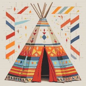Puede incluir: Un tipi colorido con una solapa de entrada roja y patrones geométricos en tonos naranja, azul, amarillo y rojo. El tipi está rodeado de formas geométricas en la misma gama de colores.