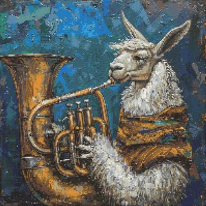 May include: A white llama with a brown scarf plays a large gold tuba against a blue and green background.