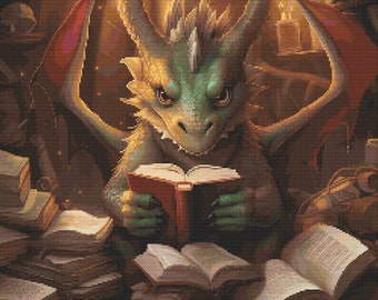 Dragon Reading Books 1 Cross-Stitch Pattern Digital Download