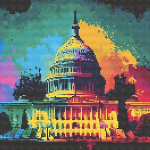 May include: A colourful, pixelated illustration of the US Capitol building in Washington, D.C. The building is depicted in a vibrant rainbow colour scheme, with a dark blue sky and colourful clouds in the background.