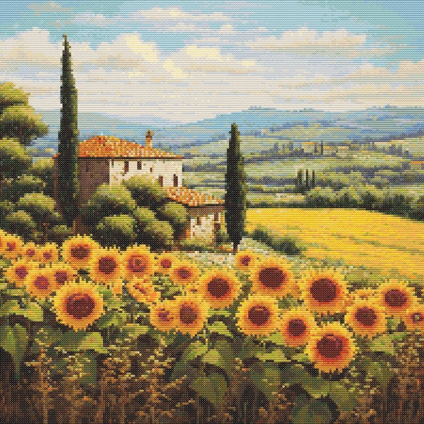 Tuscan Villa with Sunflowers 4 Cross-Stitch Pattern Digital Download