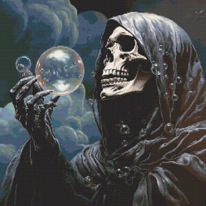 May include: A skeletal figure wearing a dark hooded robe blows a large, iridescent bubble. The figure's face is visible, with a wide, toothy grin. The background is a dark, swirling cloud of smoke.