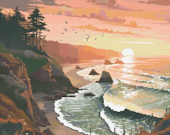 Escena de la costa de Oregón 3 Patrón de punto de cruz Descarga digital