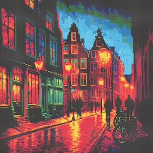 May include: A digital painting depicting a city street at night, featuring colourful buildings and streetlights. The buildings are a mix of red, orange, yellow, and green. The streetlights cast a warm glow on the street. There are people walking on the street, and the sky is a dark blue with a few stars.
