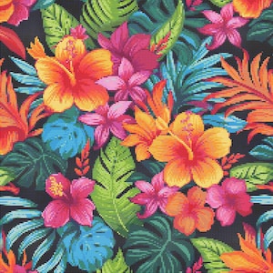May include: A vibrant, cross-stitch pattern featuring tropical flowers and foliage. The design showcases large orange and yellow hibiscus blooms, pink flowers, and various green and blue leaves against a dark background. The overall effect is a colorful, detailed floral design.