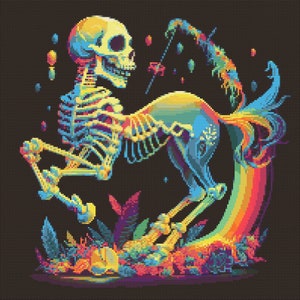 May include: A skeletal unicorn with a rainbow mane and tail stands on a bed of colorful flowers. The unicorn's skull is yellow and its bones are a vibrant mix of colors.