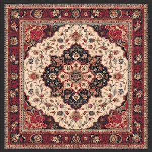 May include: A traditional Persian rug with a red, black and white colour scheme. The rug features a central medallion with intricate floral patterns and a border with repeating motifs.