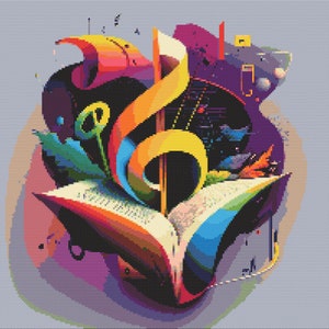 Puede incluir: Una ilustración abstracta colorida de una clave de sol, un libro y notas musicales. La clave de sol es amarilla, azul y roja, y el libro está abierto con páginas en tonos de azul, verde y rojo. El fondo es un diseño abstracto morado y azul.