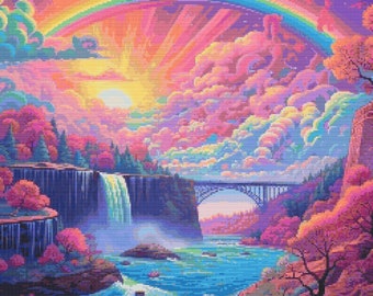 Scena del ponte con cascata arcobaleno Schema punto croce Download digitale