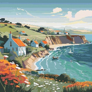 May include: A painting of a coastal scene with white houses on a green hillside overlooking a blue ocean with whitecaps. The houses have red roofs and are clustered together on the hillside. The ocean is a bright blue and there is a small sailboat in the distance.