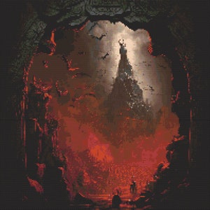 Puede incluir: Una escena oscura y amenazante con un pico de montaña alto y dentado que se eleva desde un paisaje rojo ardiente. La montaña está silueteada contra una luna blanca y brillante. La escena está enmarcada por un arco oscuro y sombrío.