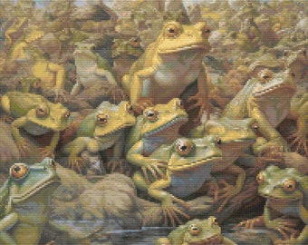 May include: A group of green and brown frogs are gathered together on rocks and logs. The frogs are all different sizes and have different expressions on their faces. Some of the frogs are looking at the viewer, while others are looking at each other. The frogs are surrounded by green plants and water.