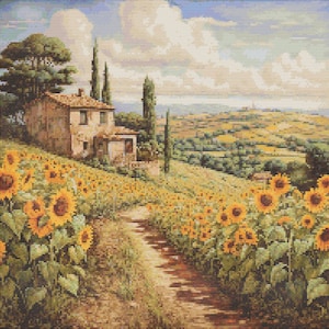 Villa Toscana con Girasoles 3 Patrón de Punto de Cruz Descarga Digital