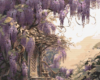 May include: A purple wisteria vine grows over a stone staircase leading to a wooden door. The vine is in full bloom, with clusters of purple flowers hanging down. The scene is bathed in a soft, golden light.
