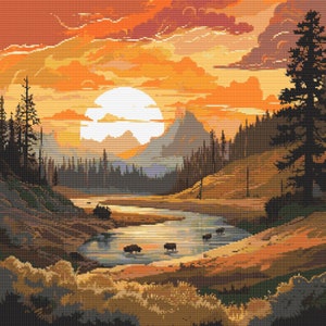 May include: A digital painting of a sunset over a mountain range with a river flowing through the valley. The sun is a bright white circle in the sky, and the mountains are a dark brown color. The river is a light blue color, and there are trees on both sides of the river.