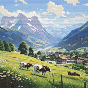 May include: A picturesque landscape painting depicting a valley with snow-capped mountains in the background, a small village nestled in the valley, and cows grazing in a green meadow.