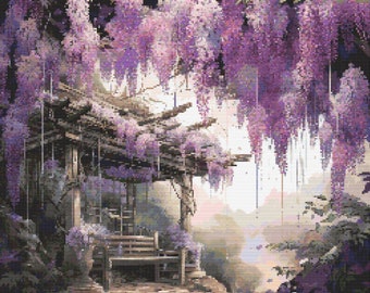 May include: A wooden bench sits under a canopy of purple wisteria flowers. The flowers hang down like a curtain, creating a whimsical and romantic atmosphere.