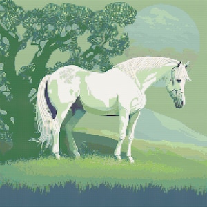 Weißes Pferd auf der grünen Weide Kreuzstich Muster Digital Download