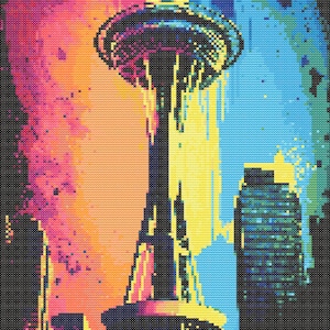 Może przedstawiać: Kolorowa, pikselowa ilustracja Space Needle w Seattle, w stanie Waszyngton. Tło to gradient od różowego, pomarańczowego, żółtego, niebieskiego do zielonego.