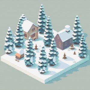 Op de afbeelding: Een besneeuwde winterscène met twee kleine huisjes en verschillende dennenbomen. De huisjes zijn bruin en wit met sneeuw bedekte daken. De bomen zijn groen en bedekt met sneeuw. De scène speelt zich af op een witte besneeuwde grond.