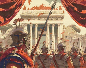 May include: A group of Roman soldiers in red and blue armor stand in front of a large building with columns. The soldiers are holding spears and shields. The building is decorated with red and white flags. The scene is set against a backdrop of a blue sky with white clouds.
