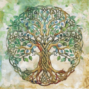 Puede incluir: Una pintura de acuarela de un árbol de la vida celta con intrincados nudos y hojas verdes, azules y marrones.