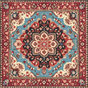 Puede incluir: Una alfombra persa tradicional con fondo azul y intrincados patrones florales en tonos rojos, blancos y negros. La alfombra tiene un medallón central con un diseño de estrella.