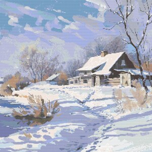 May include: A snowy winter scene with a small wooden cabin in the distance. The cabin has a snow-covered roof and is surrounded by bare trees. The ground is covered in white snow.