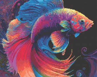 Rainbow Betta Fish (Siamese Fighting Fish) Cross-Stitch Pattern Digital Download
