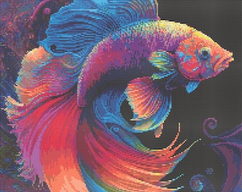 Rainbow Betta Fish (Siamese Fighting Fish) Cross-Stitch Pattern Digital Download