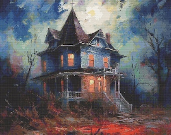 Impressionist Haunted House 2 Cross-Stitch Pattern Digital Download