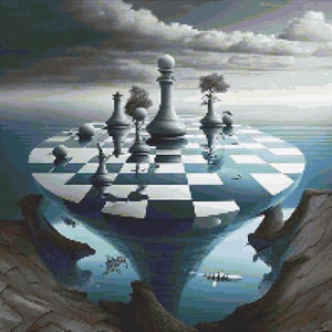 Peut inclure: Une peinture surréaliste d'un échiquier flottant sur l'eau, avec des pièces d'échecs et des arbres sur le plateau. Le ciel est nuageux et l'eau est d'un bleu profond.