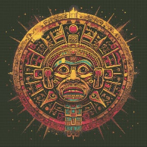 May include: A colorful, stylized illustration of a Mayan calendar with a central face. The calendar is circular and features intricate designs in shades of gold, red, and blue.