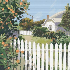 White Picket Fence Scene 1 Cross-Stitch Pattern Digital Download