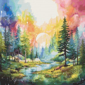 Watercolor Rainbow Forest 1 Cross-Stitch Pattern Digital Download