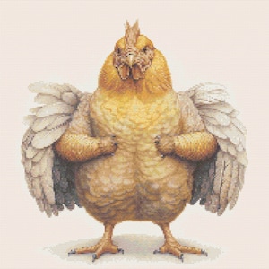 May include: A yellow and brown chicken with a large body and small wings stands with its arms crossed in front of it. The chicken has a red comb and wattle.