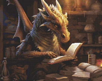 Dragon Reading Books 8 Cross-Stitch Pattern Digital Download