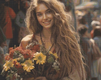Hippie Girl Selling Flowers 4 Cross-Stitch Pattern Digital Download