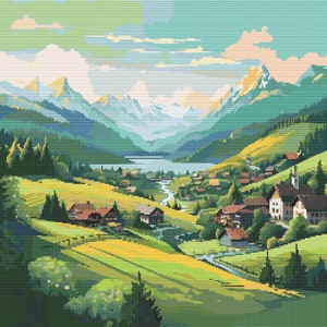 Switzerland Countryside Scene 1 Cross-Stitch Pattern Digital Download