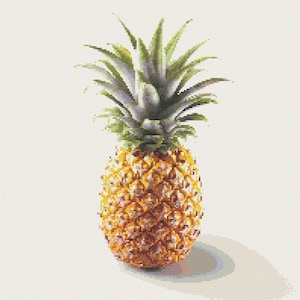 May include: A yellow pineapple with green leaves on a white background.