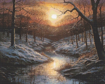 May include: A snowy winter scene with a stream flowing through a forest. The sun is setting behind the trees, casting a warm glow on the snow and water.