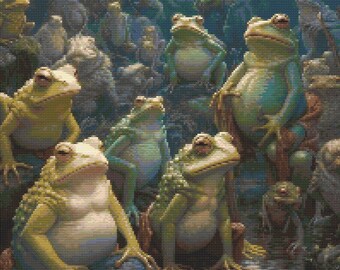 May include: A group of green frogs with different poses and expressions. The frogs are sitting on a textured surface with a dark background. Some frogs are looking at the viewer, while others are looking away.