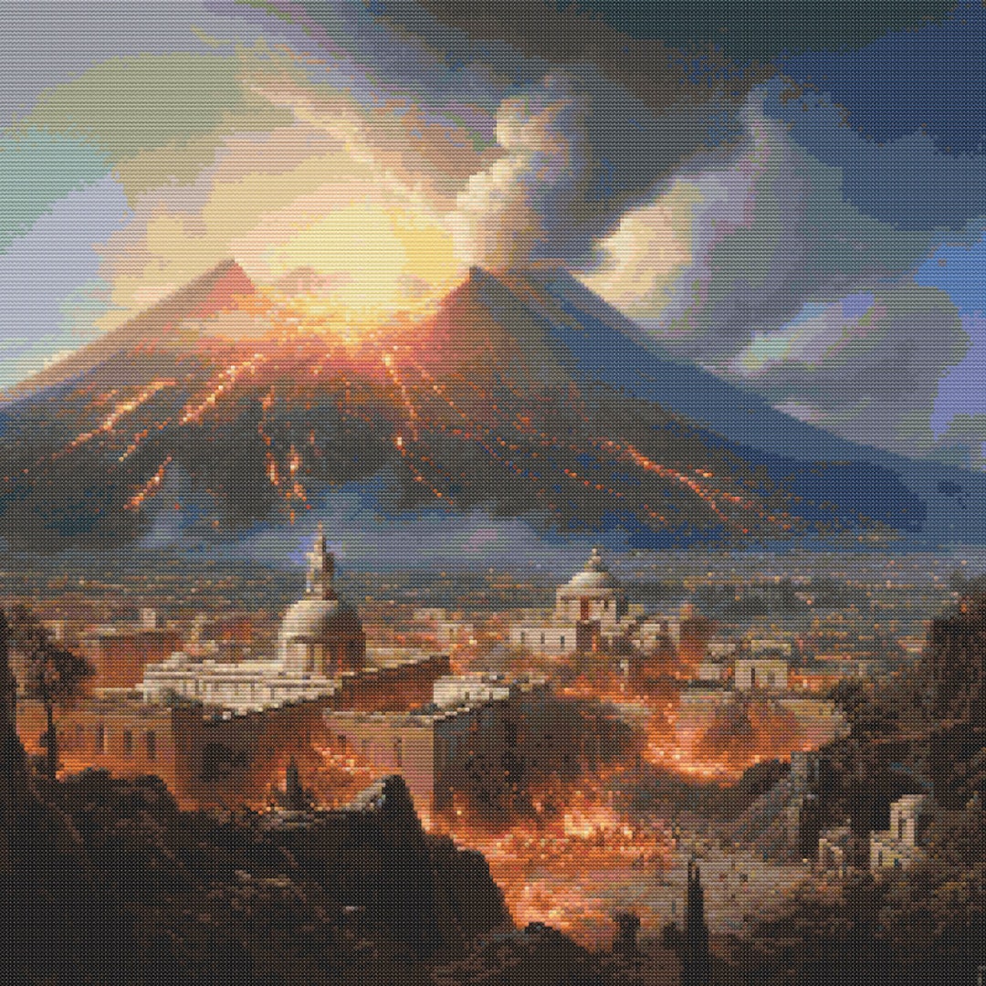 水彩画 ポンペイの遺跡とベスビオ山 額装M.H. ポンペイに噴火するベスビオ火山 1 クロスステッチ パターン デジタル