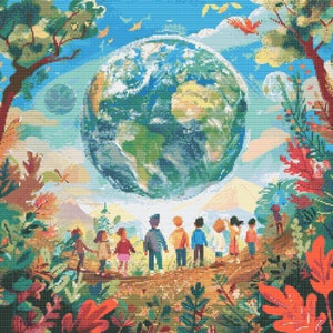 May include: A colorful illustration of a group of children standing in front of a large, detailed Earth globe. The globe is surrounded by clouds and a blue sky. The children are smiling and looking up at the globe. The illustration is set against a backdrop of lush green trees and flowers.